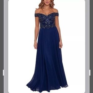 XSCAPE Chiffon Off-the-shoulder Beaded Gown in Navy